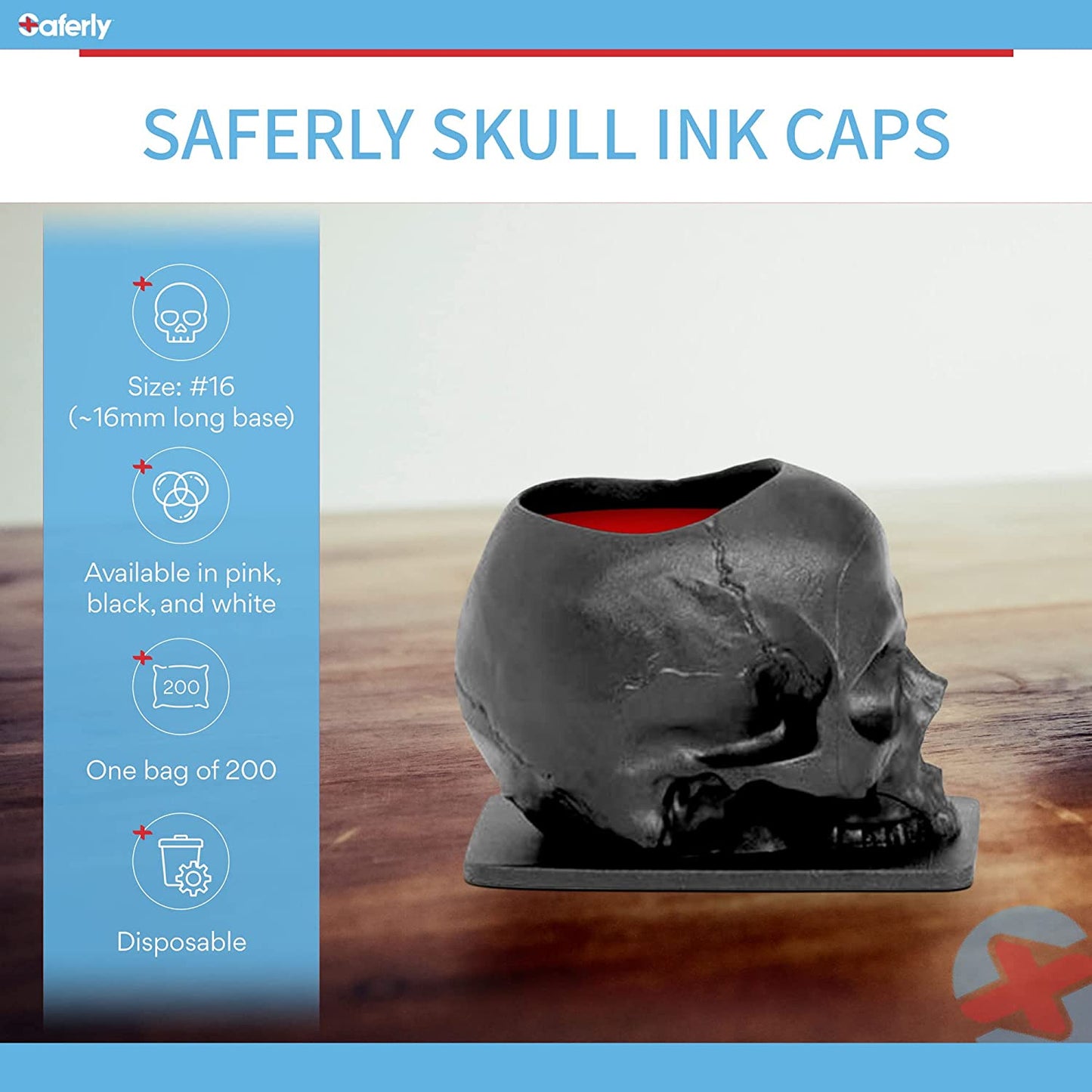  Saferly Skull Ink Caps — Size #16 (Large) — Bag of 200