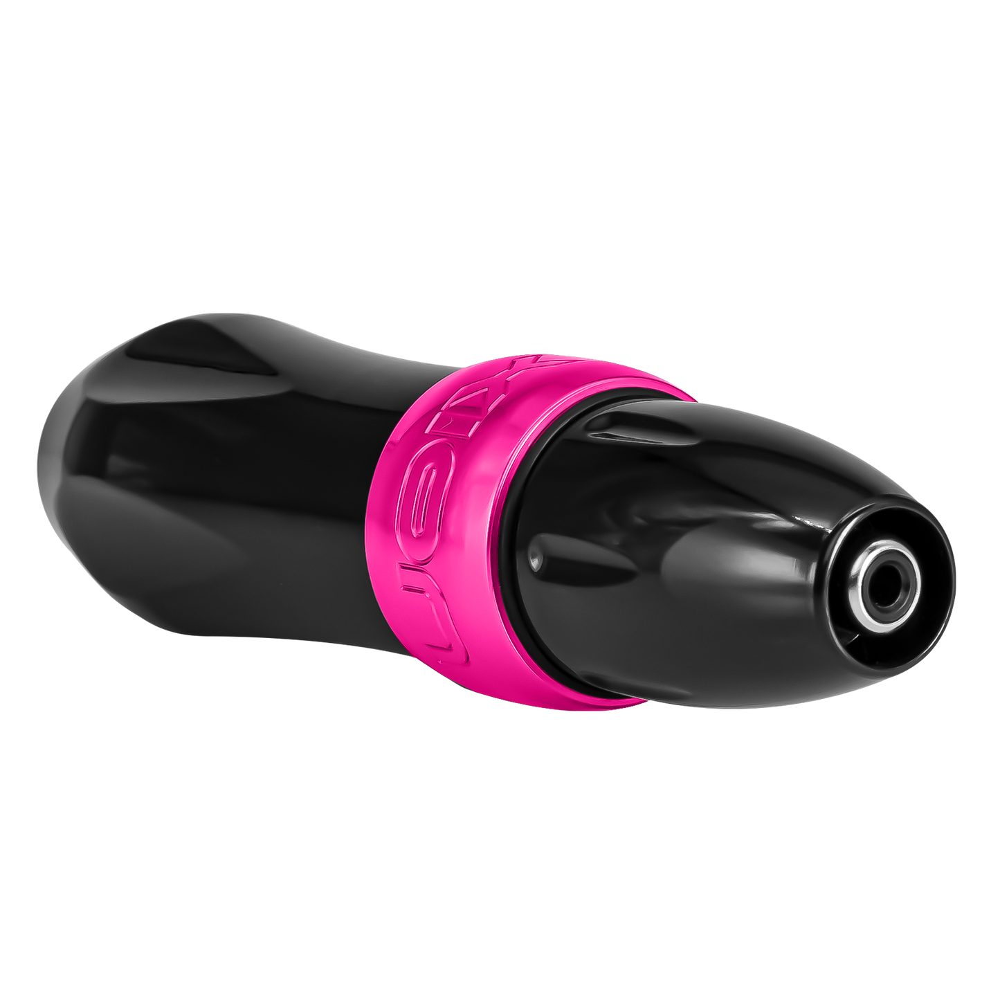 Spectra Xion tattoo machine in black with a bright pink band on the machine body, view of the plug Spektra Xion BubbleGum