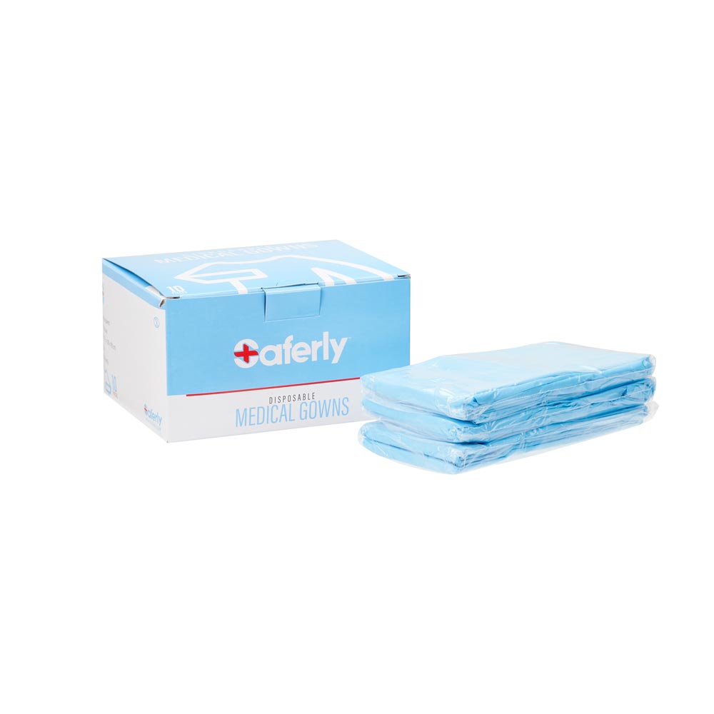  Saferly Disposable Blue Medical Gowns — Box of 10