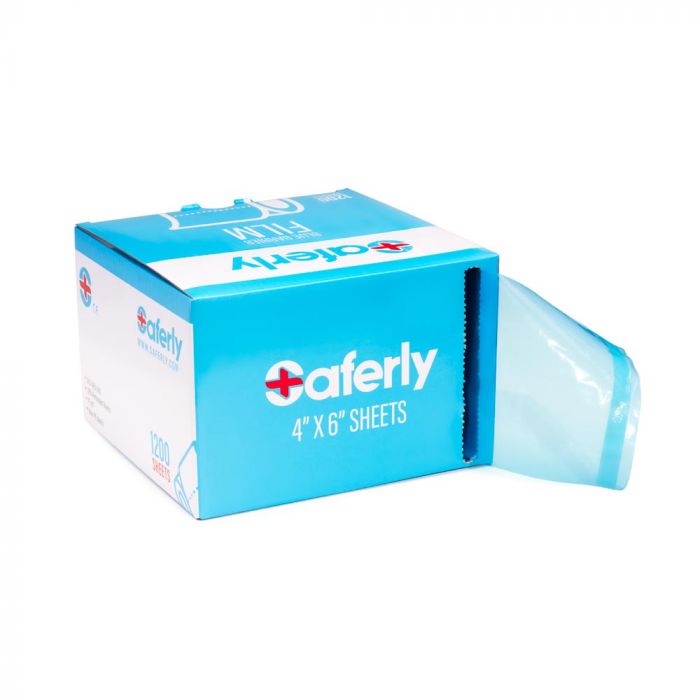  Saferly Blue Barrier Film + Dispenser Box — 4” x 6” Sheets — Price Per Roll