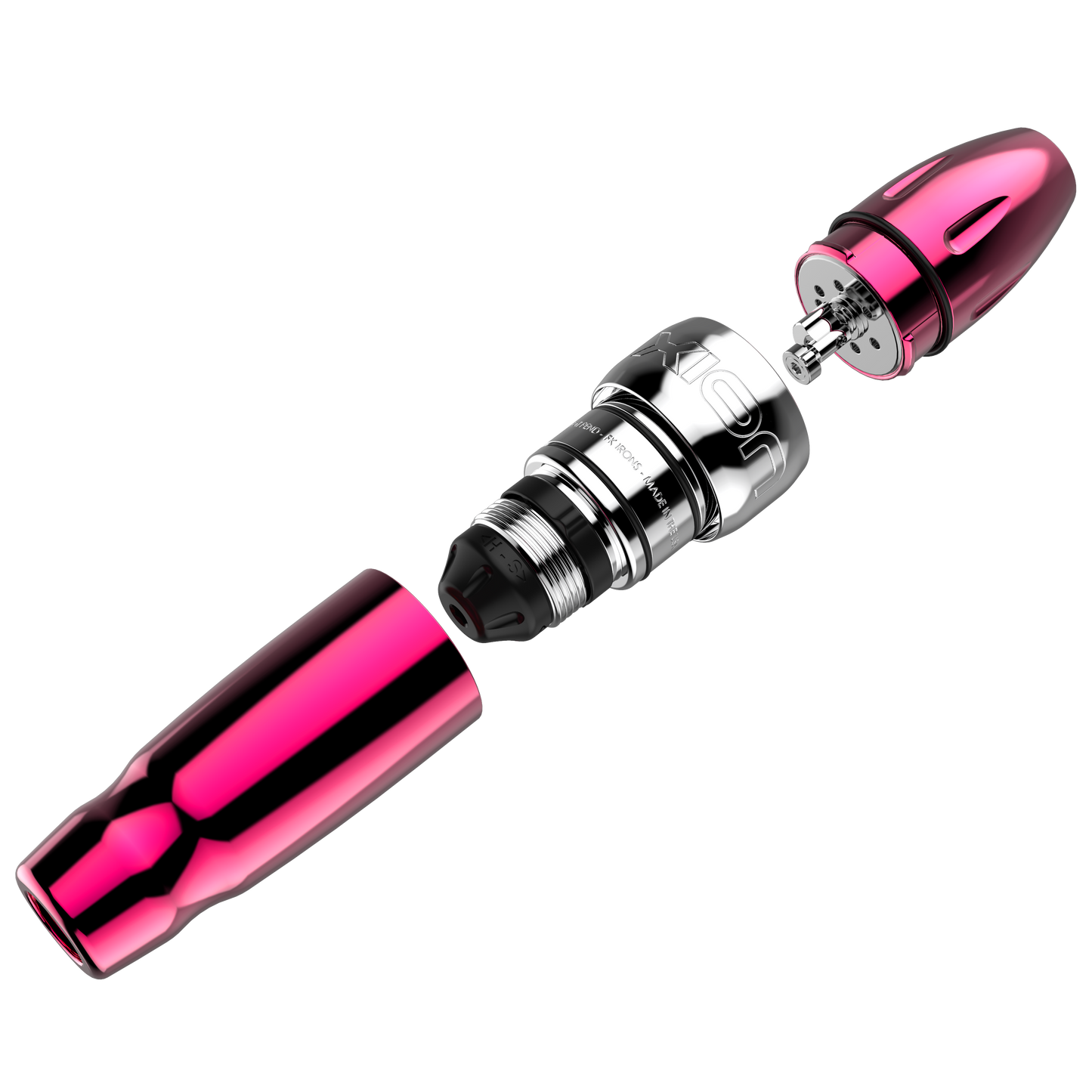 Xion S, one of the most versatile machines in the PMU industry, which allows you to easily change the give and the stroke length, shown in bubblegum pink anodized alluminum Spektra Xion S Bubblegum